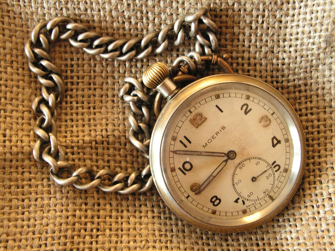 Color photograph of an old pocket watch on a chain.